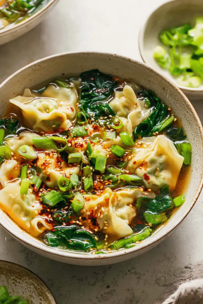 Warm bowl of quick and easy wonton soup with spinach, scallions, sesame seeds, and chili oil in flavorful broth.