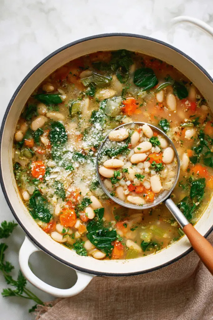 Hearty white bean soup with spinach, carrots, and celery simmering in a pot, topped with parmesan and herbs