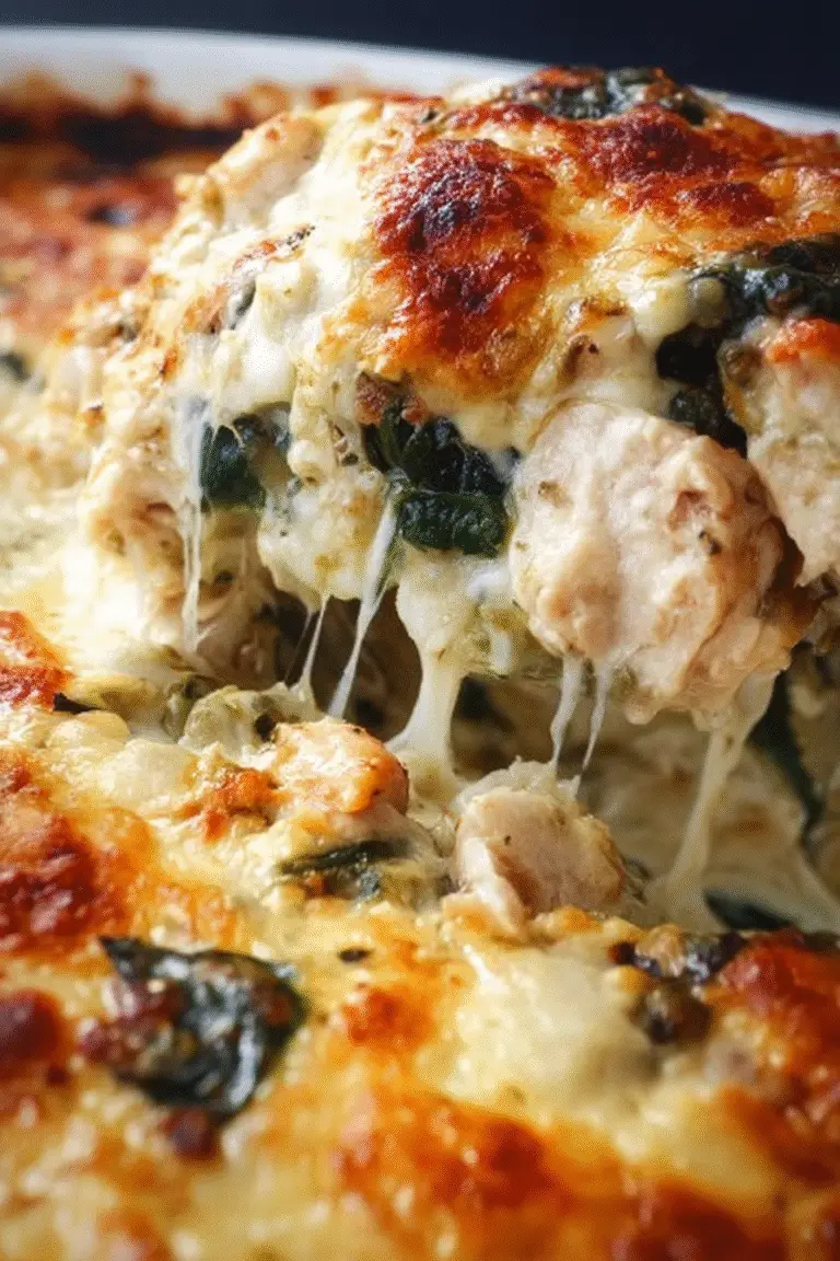 Cheesy creamy chicken spinach bake with golden melted cheese and tender chicken layers fresh from the oven