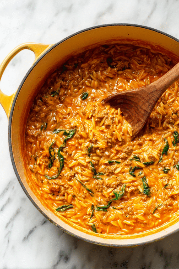 Creamy ground beef orzo simmered in a rich tomato sauce with spinach, cooked in one pot for a quick cozy dinner