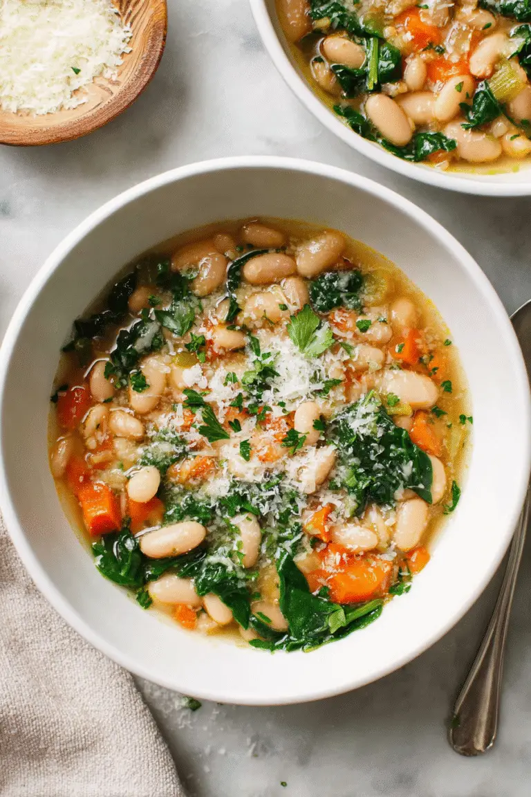 Warm white bean soup with carrots, spinach, and parmesan served in a white bowl on a marble surface