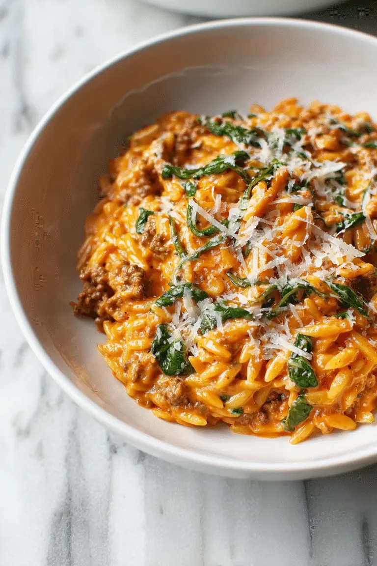 Creamy ground beef orzo with spinach and parmesan in a white bowl, rich tomato sauce and cheesy texture for dinner