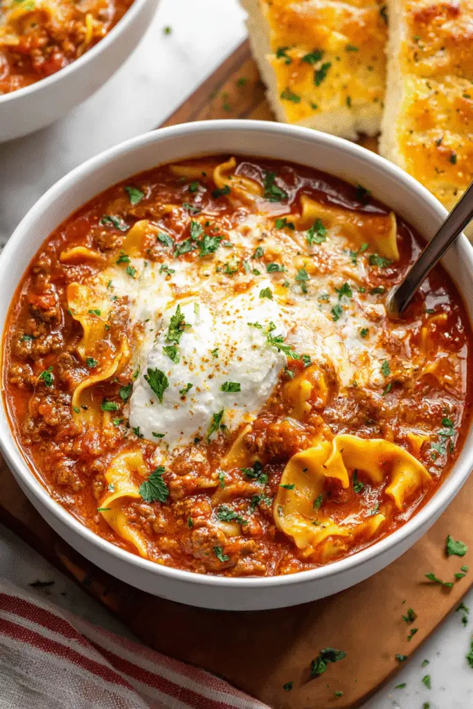 Warm lasagna soup with bow tie pasta, ground beef, tomato sauce, and ricotta cheese garnished with fresh parsley.