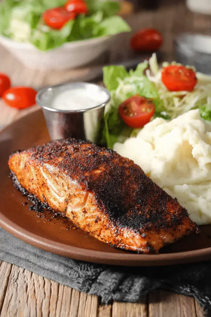 Perfectly seasoned Texas Roadhouse-style baked salmon served with mashed potatoes, lettuce, and cherry tomatoes