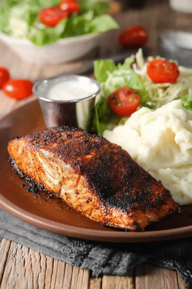 Perfectly seasoned Texas Roadhouse-style baked salmon served with mashed potatoes, lettuce, and cherry tomatoes
