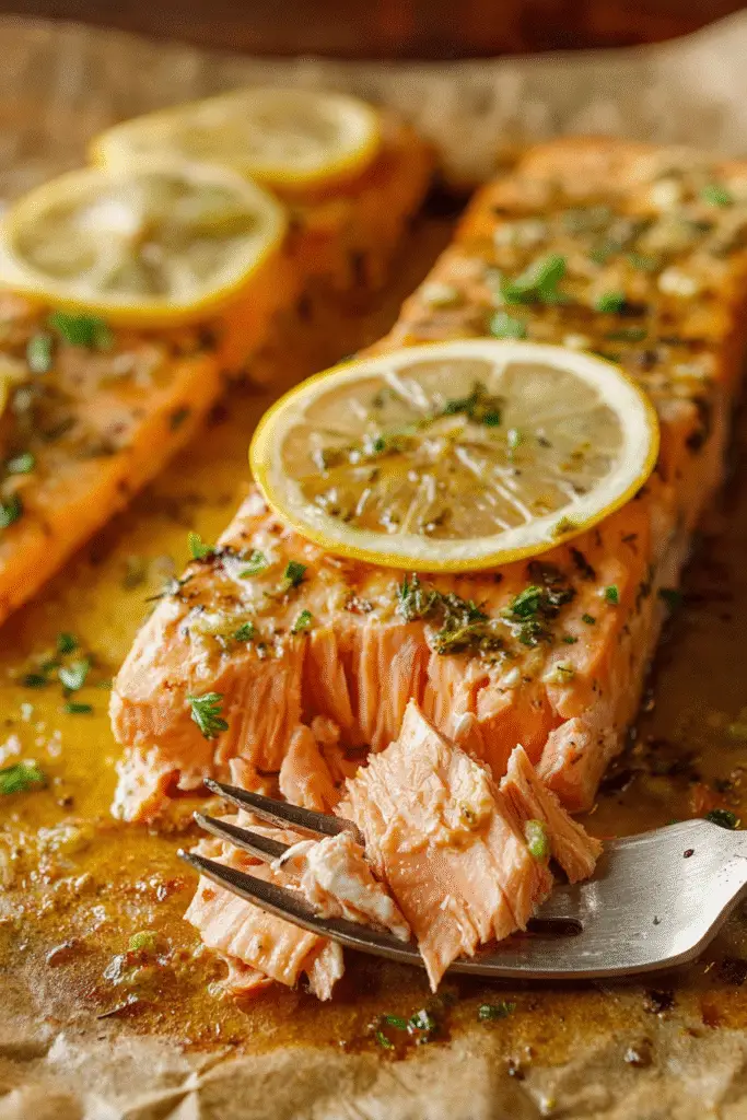 Baked Dijon salmon fillet topped with lemon slices and herbs, tender and flaky with a golden buttery glaze.