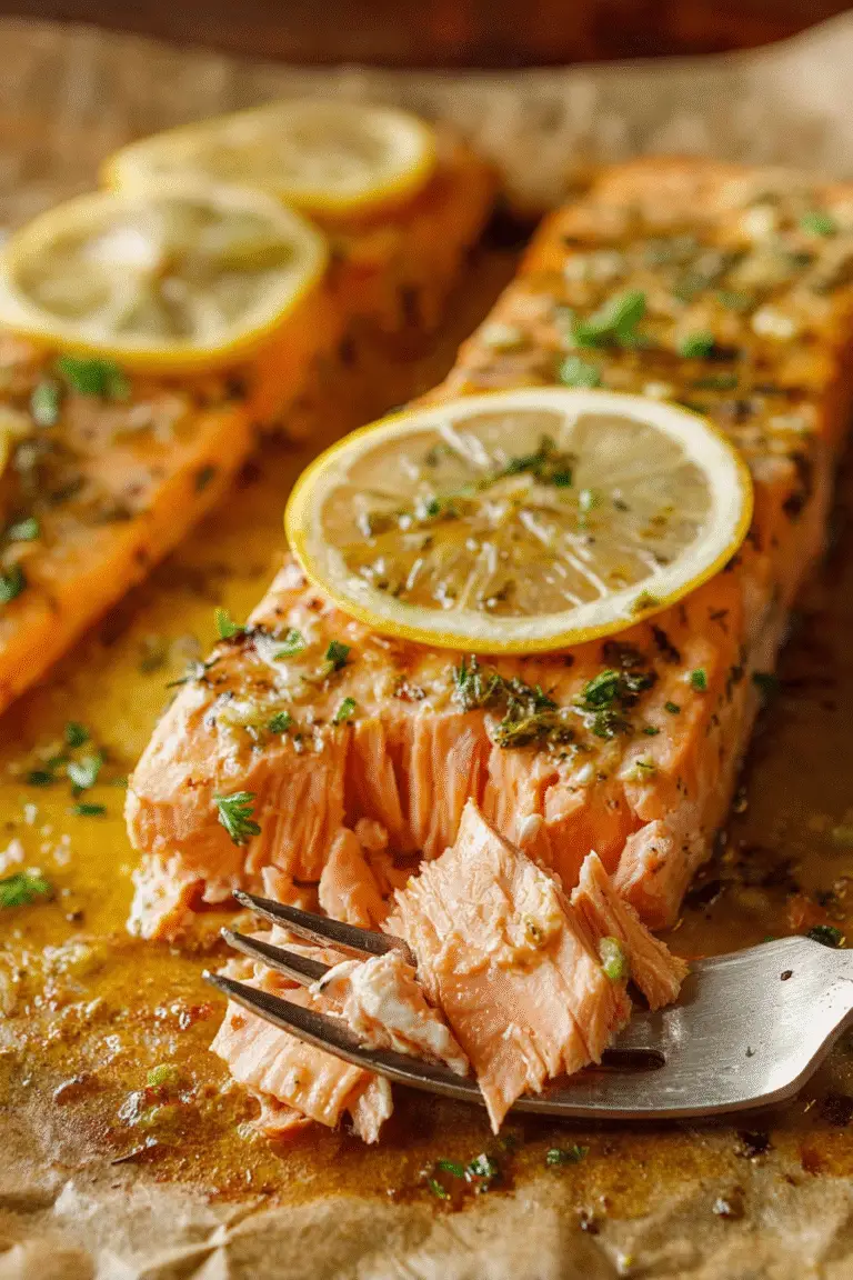 Baked Dijon salmon fillet topped with lemon slices and herbs, tender and flaky with a golden buttery glaze.