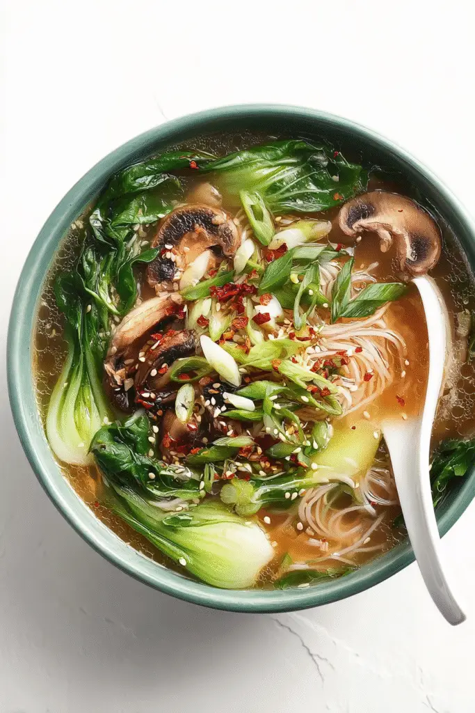 Bok Choy Chicken Soup with noodles, mushrooms, scallions, and sesame seeds in a savory golden broth.