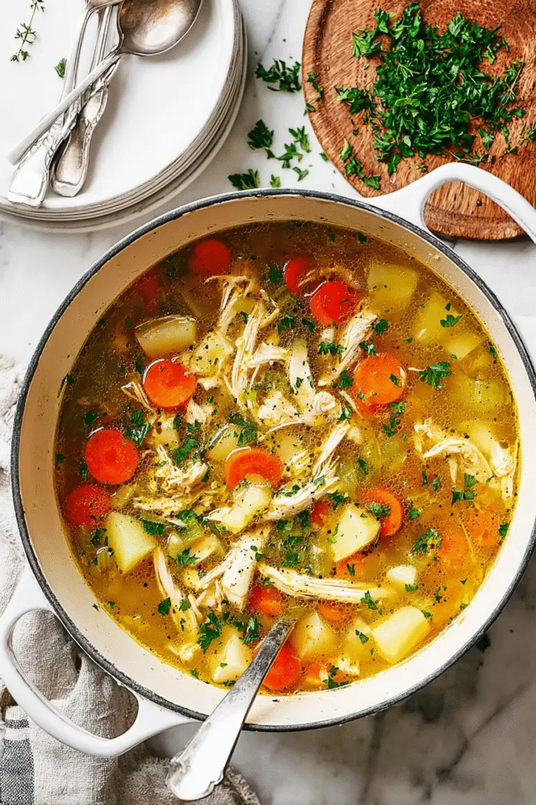 Homemade chicken soup with potatoes, carrots, and herbs simmering in a white pot on a marble counter.