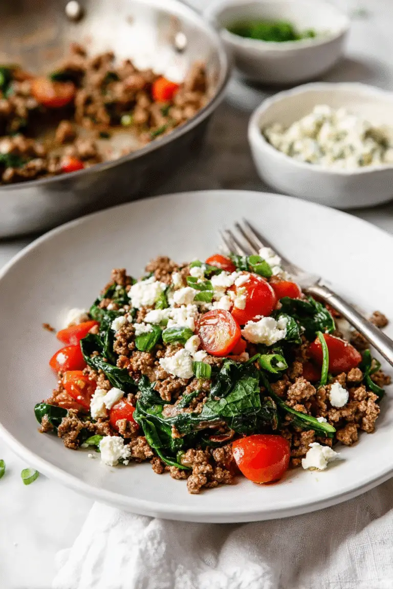 Savory Mediterranean ground beef stir-fry with cherry tomatoes, spinach, and feta on a white plate, ready to serve