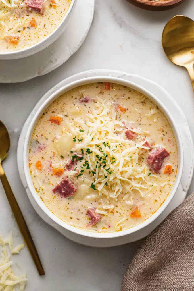 Creamy Mexican corn soup with diced ham, carrots, and melted cheese served in a white bowl on a marble counter