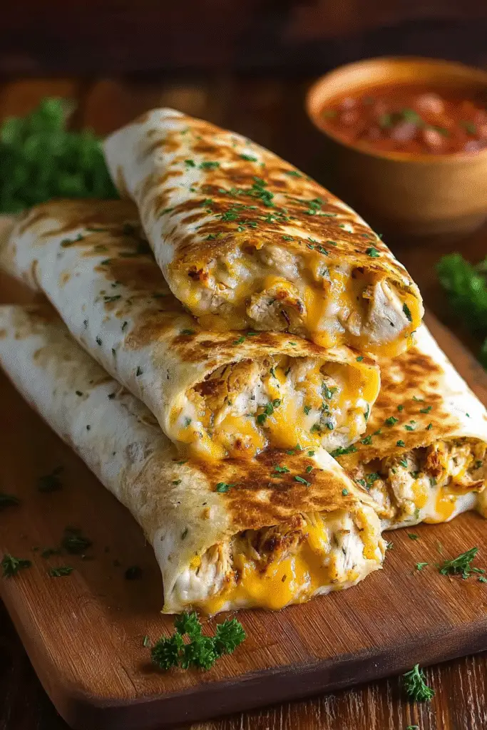Melted cheesy garlic chicken wraps stacked on a wooden board, filled with tender chicken and golden melted cheese.