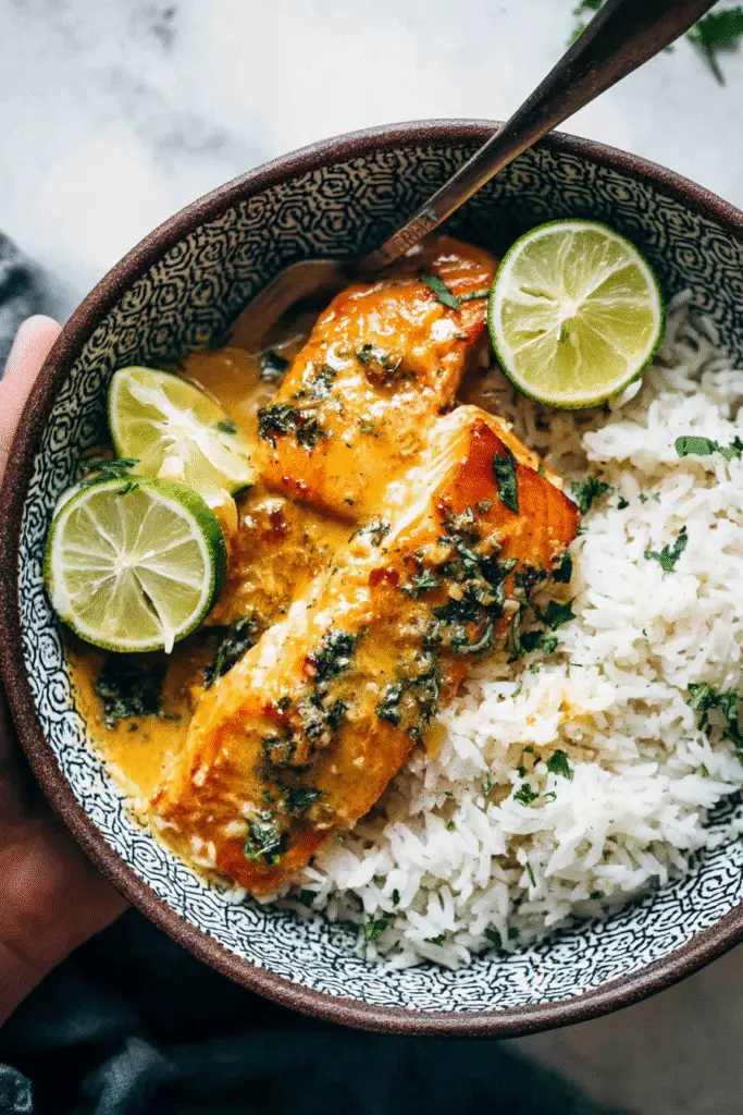 Bowl of creamy salmon coconut curry served with white rice, lime wedges, and fresh herbs for a rich tropical meal