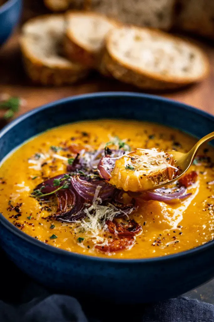 Warm roasted vegetable soup with caramelized onions, herbs, and parmesan served in a blue bowl with crusty bread.