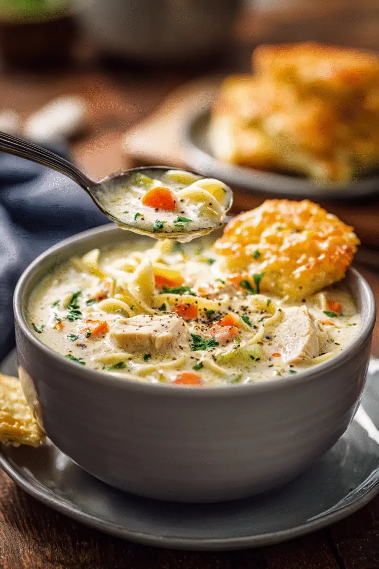 Hearty chicken pot pie soup with noodles, carrots, and herbs in a gray bowl, served with a golden flaky biscuit