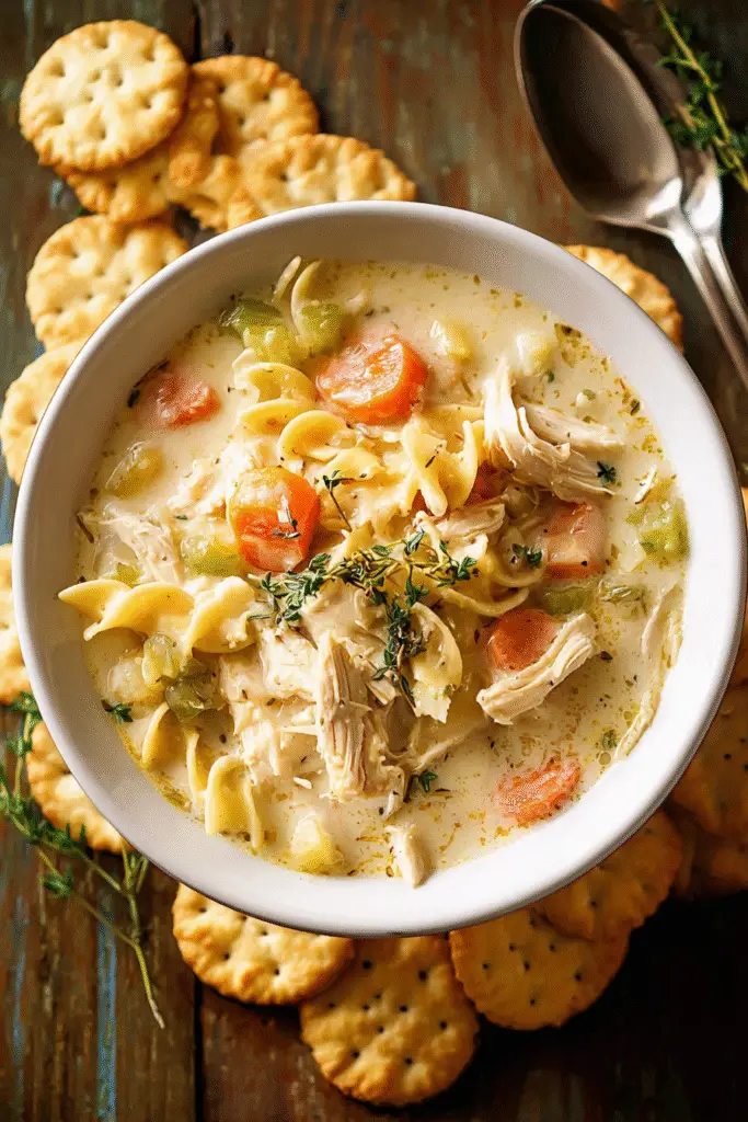 Warm creamy chicken noodle soup with carrots, celery, and egg noodles served in a bowl with crackers on the side