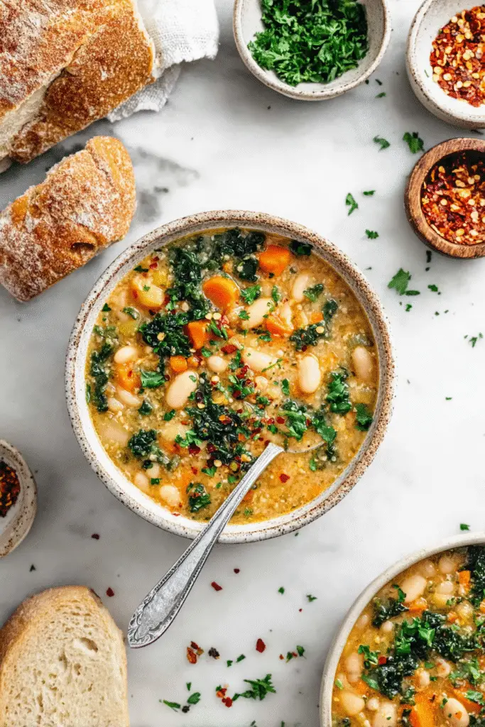 Tuscan White Bean Soup with kale, carrots, and herbs served in a rustic bowl with crusty bread on a marble table.