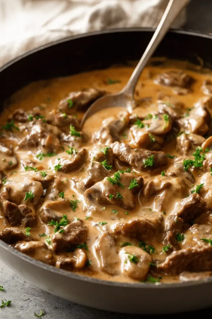 Creamy beef stroganoff simmering in a skillet with tender beef, mushrooms, and fresh parsley for a hearty dinner.