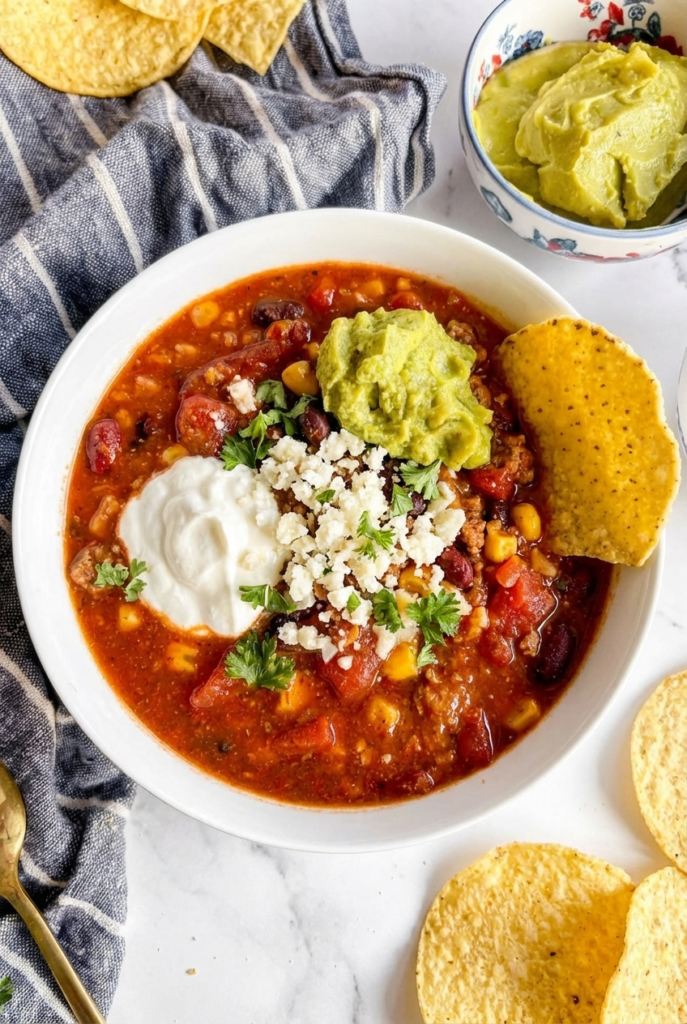 a-top-down-view-of-a-hearty-chili-soup-High Protein Turkey Chili