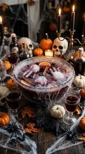 Halloween punch with a frozen gelatin hand floating in a punch bowl